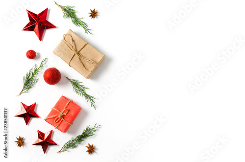 Christmas background. fir tree branches on white background. Christmas, winter, new year concept. Flat lay