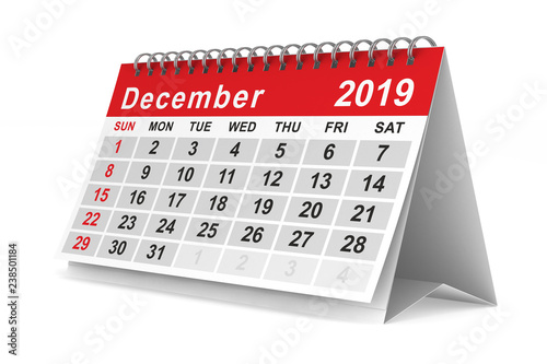 2019 year. Calendar for December. Isolated 3D illustration