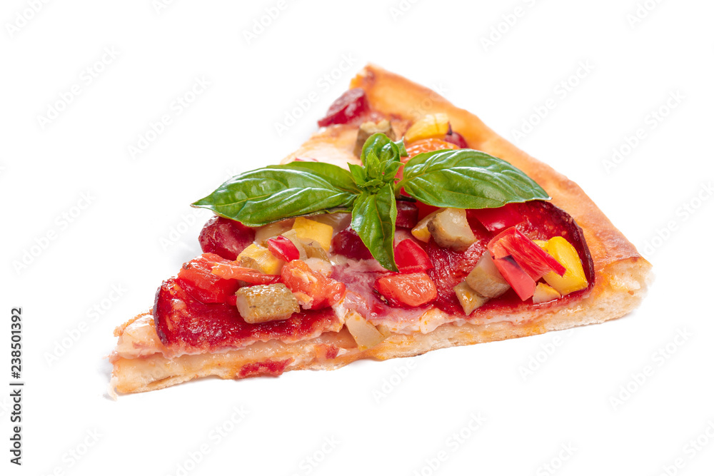 Slice of fresh pizza with pepperoni isolated on white background