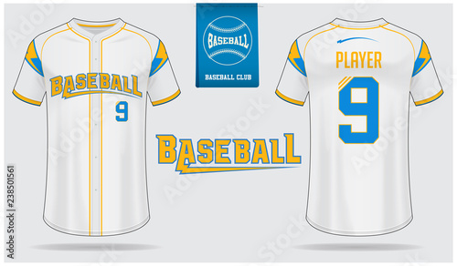 Baseball jersey, sport uniform, raglan t-shirt sport, template design. Baseball t-shirt mock up. Front and back view baseball uniform. Flat baseball logo on blue label. Vector Illustration.