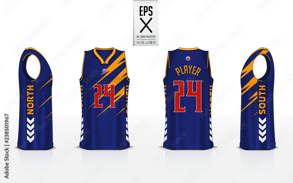 Fototapeta premium Basketball uniform template design for basketball club. Tank top t-shirt mockup for basketball jersey. Front view, back view and side view basketball shirt. Vector Illustration.