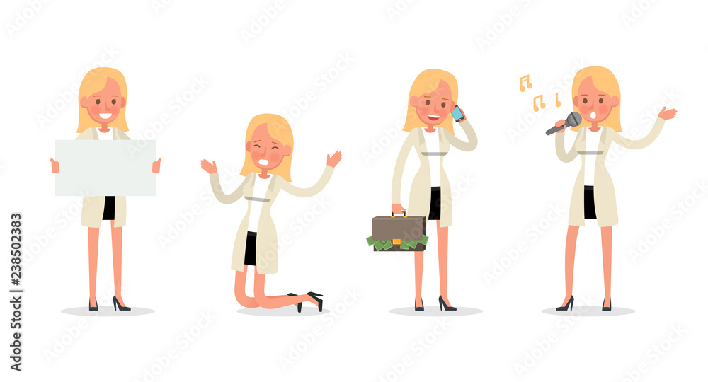 business woman working in office and different poses character vector design no4