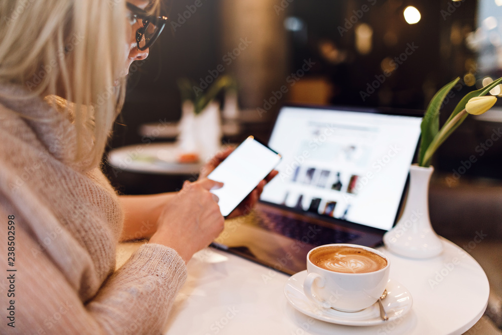 Payment Detail page display. Online payment. Women hands using s Payment Detail page display. Online payment. Women hands using s
