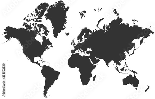 Black blank vector silhouette world map | High detail flat earth template illustration isolated on white background | High resolution contour in Mercator projection photo