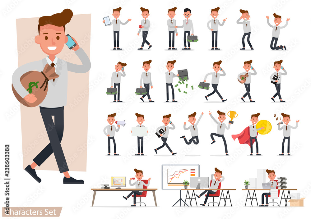 set of Businessman working and showing different gestures character vector design.