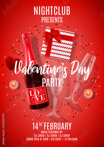 Happy Valentine's Day party flyer. Vector illustration with top view on realistic bottle of champagne, gift box, glasses of champagne, red serpentine and confetti. Invitation to nightclub.