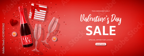 Valentine's Day sale banner design. Vector illustration with top view on realistic bottle of champagne, gift box, glasses of champagne, red serpentine and confetti. Promo seasonal offer.