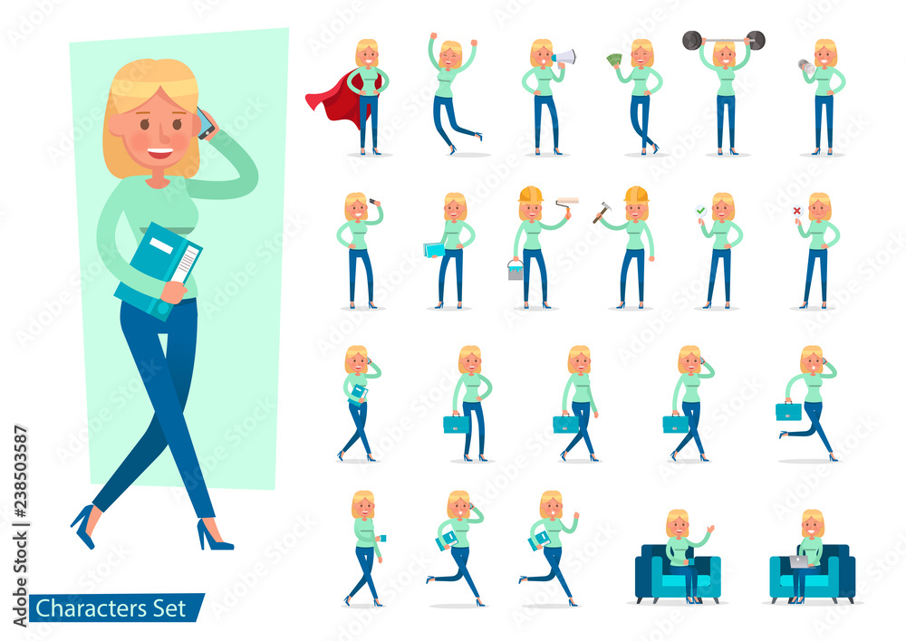 Set of office woman worker character vector design. Presentation in various action with emotions, running, standing, walking and working. no8