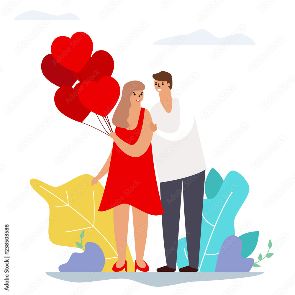 Valentines day couple love heart balloons modern flat design character