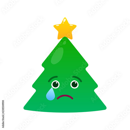 Melancholy christmas tree isolated emoticon. Crying green fir tree with decoration emoji. Merry Christmas and happy new year vector element. Yearning face with facial expression. Winter holidays sign
