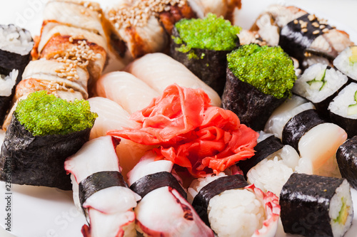 Set of sushi and rolls, Japanese cuisine