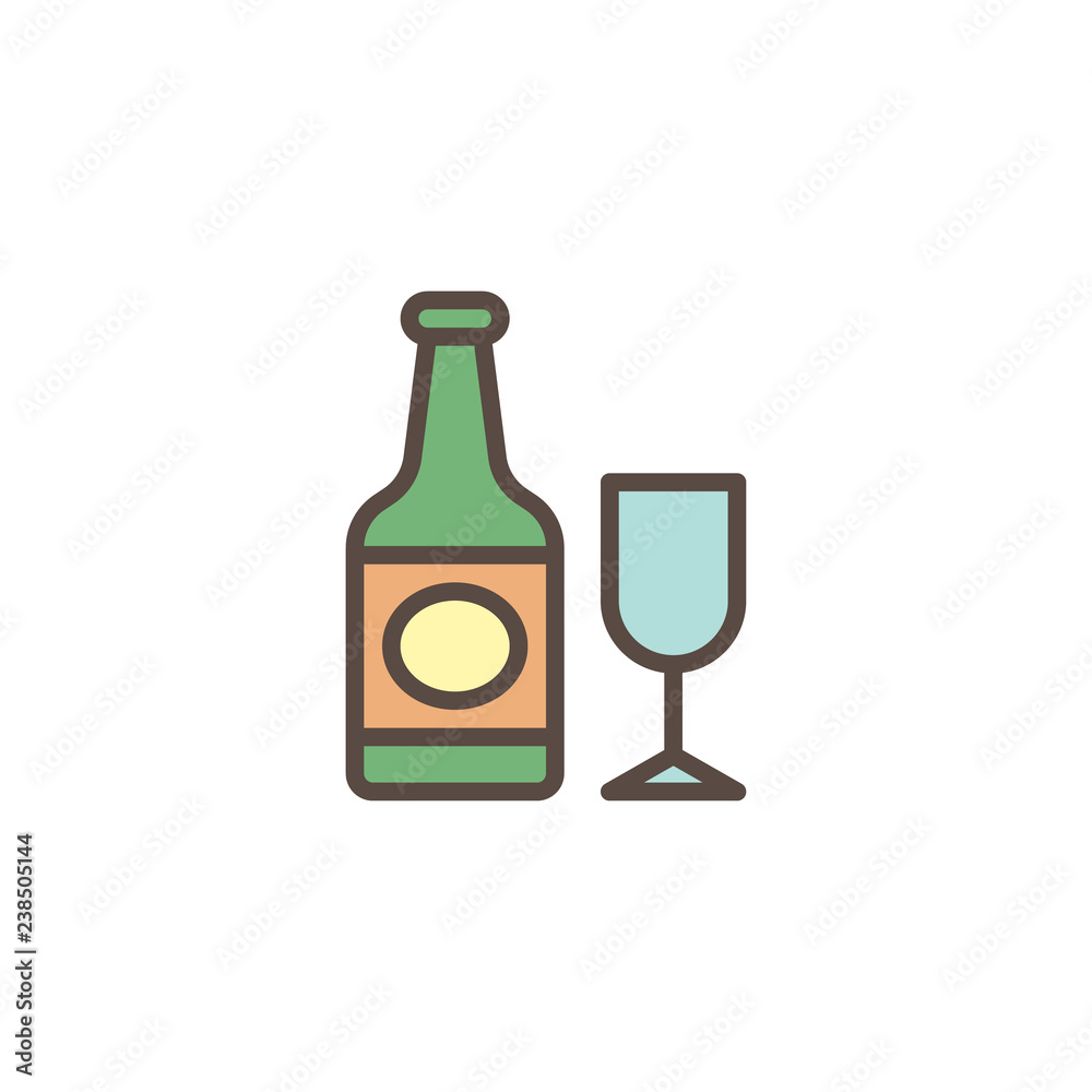 Bottle with wineglass filled outline icon, line vector sign, linear colorful pictogram isolated on white. Champagne bottle and glass symbol, logo illustration. Pixel perfect vector graphics Bottle with wineglass filled outline icon, line vector sign, linear colorful pictogram isolated on white. Champagne bottle and glass symbol, logo illustration. Pixel perfect vector graphics