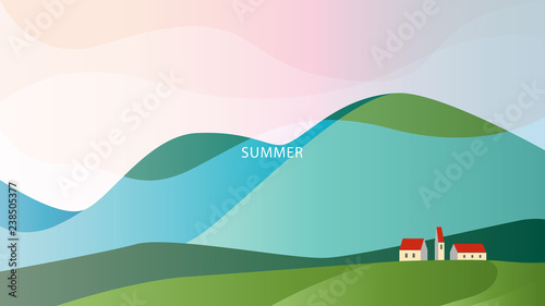 Minimalistic landscape with high hills and houses under their sl