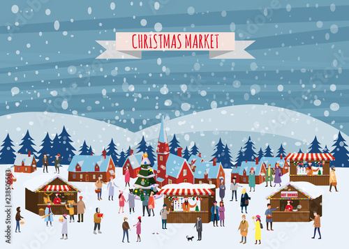 Christmas market or holiday outdoor fair on town square. People walking between decorated stalls, canopy or kiosks, buying snacks,gifts, decoration and drinking hot coffe, tea and mulled wine