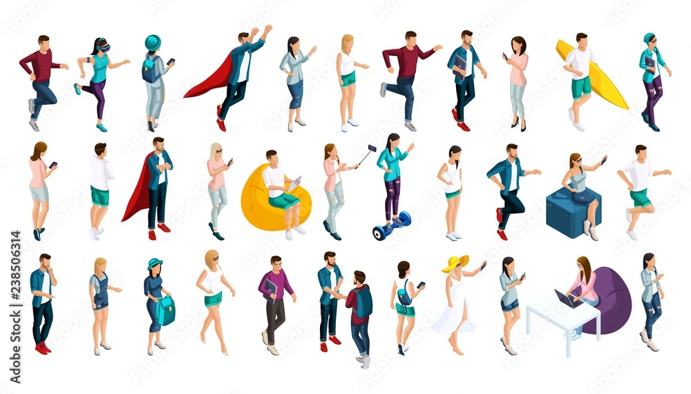 Isometrics set of vector characters in different poses, 3d teenagers, men and girls, doing different actions. Set of people for Vector illustrations