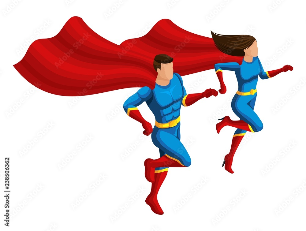 The isometry of the superheroes is a man and a girl in suits, they run to help, the cloak develops, 3D characters, heroes, rescuers. Vector illustration The isometry of the superheroes is a man and a girl in suits, they run to help, the cloak develops, 3D characters, heroes, rescuers. Vector illustration