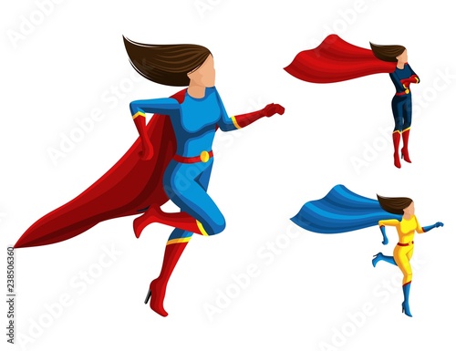Isometry A set of superhero girls in different suits, runs, cloak and hair develop, 3D super woman, heroes, rescuers. Vector illustration