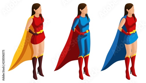 Isometry set of superhero girls in costumes, stand on guard of order, 3D characters, heroes, rescuers. Vector illustration