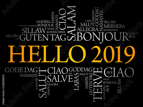 Hello 2019 word cloud in different languages of the world  background concept