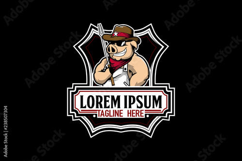 cowboy pig or hog  cartoon with fork vector label template