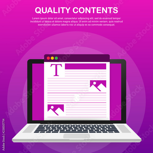 Quality contents. Blogger character. SEO optimization. Content for creative blog post. Vector illustration.