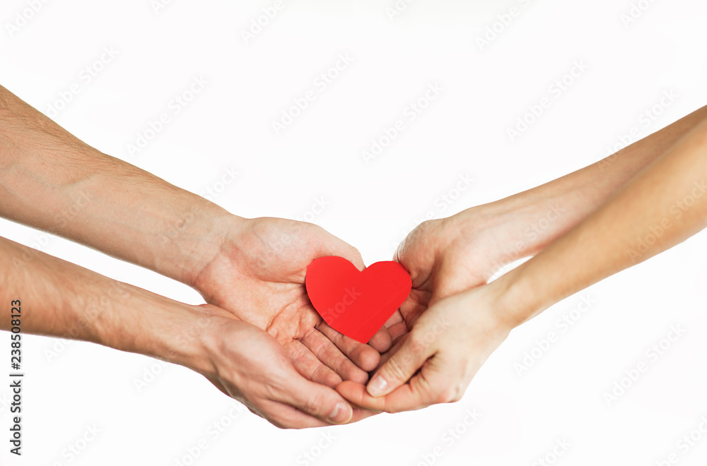 Hands of people hold red heart. Valentines day relationship concept. On isolated background Hands of people hold red heart. Valentines day relationship concept. On isolated background