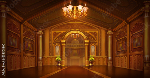 Golden Palace. Golden City. Castle Interior. Fiction Backdrop. Children Backdrop. Concept Art. Realistic Illustration. Video Game Digital CG Artwork. Nature Scenery.
 photo