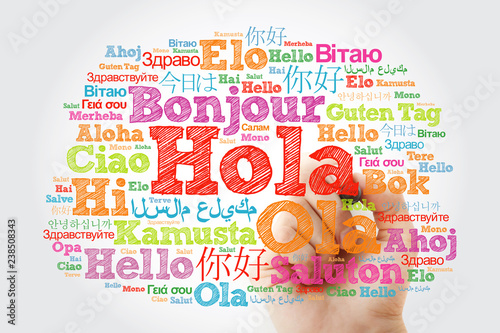 Hola! (Hello Greeting in Spanish) word cloud in different languages of the world with marker, background concept photo