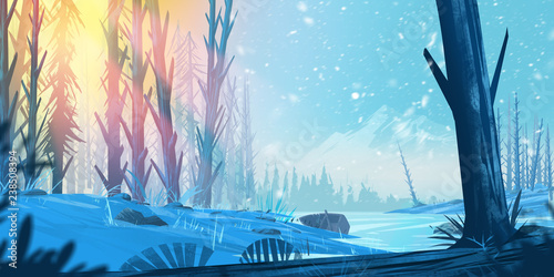 Fototapeta Naklejka Na Ścianę i Meble -  Wonderful Fantasy Forest. Fiction Backdrop. Concept Art. Realistic Illustration. Video Game Digital CG Artwork. Nature Scenery.

