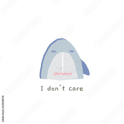 Cute shark smile with emotions. I don't care. Vector hand drawn emoji.