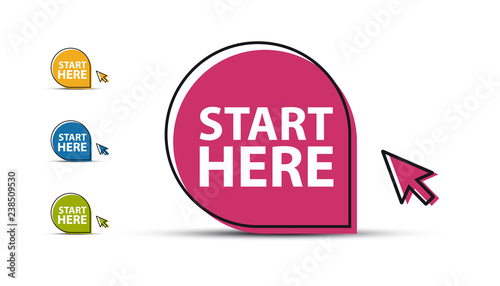 Start Here Button - Colorful Vector Illustration With Mouse Arrow - Isolated On White Background