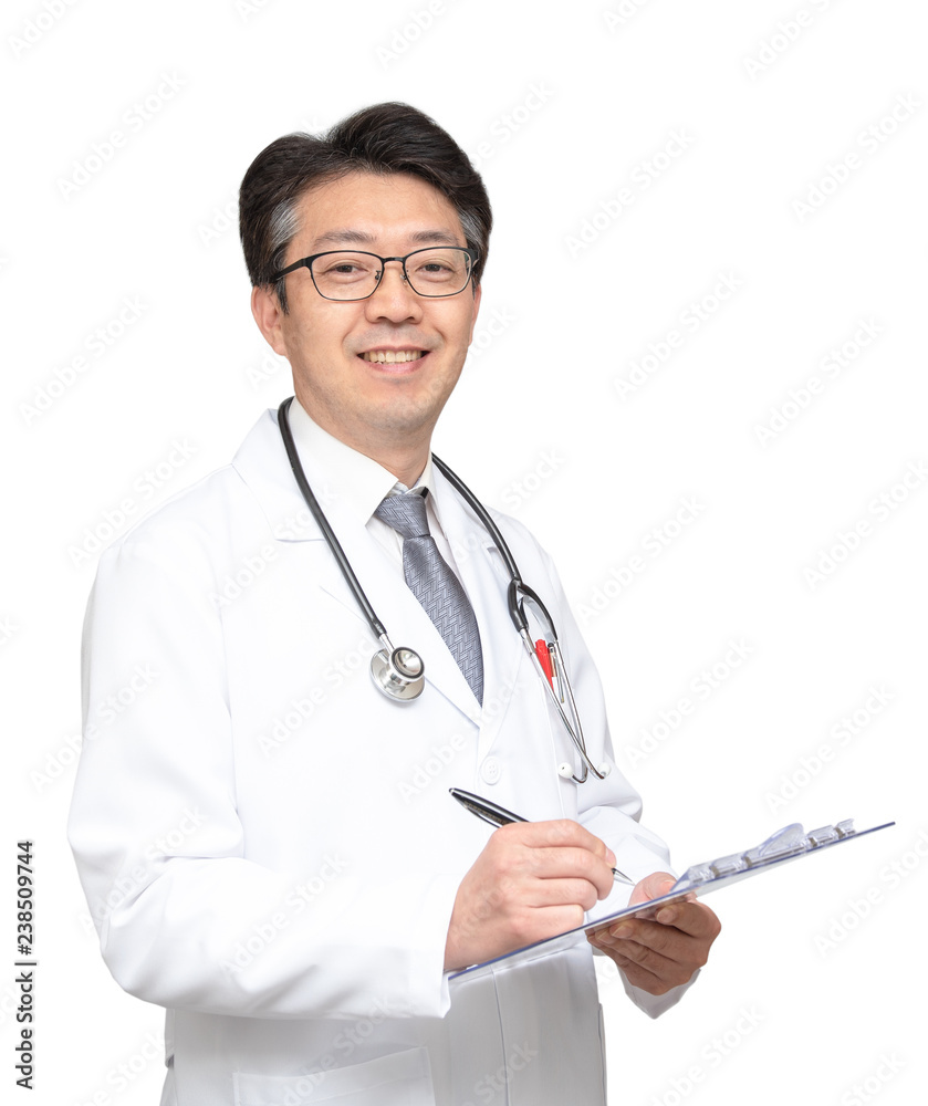 A male doctor smiling and writing a chart. isolated on white background. A male doctor smiling and writing a chart. isolated on white background.