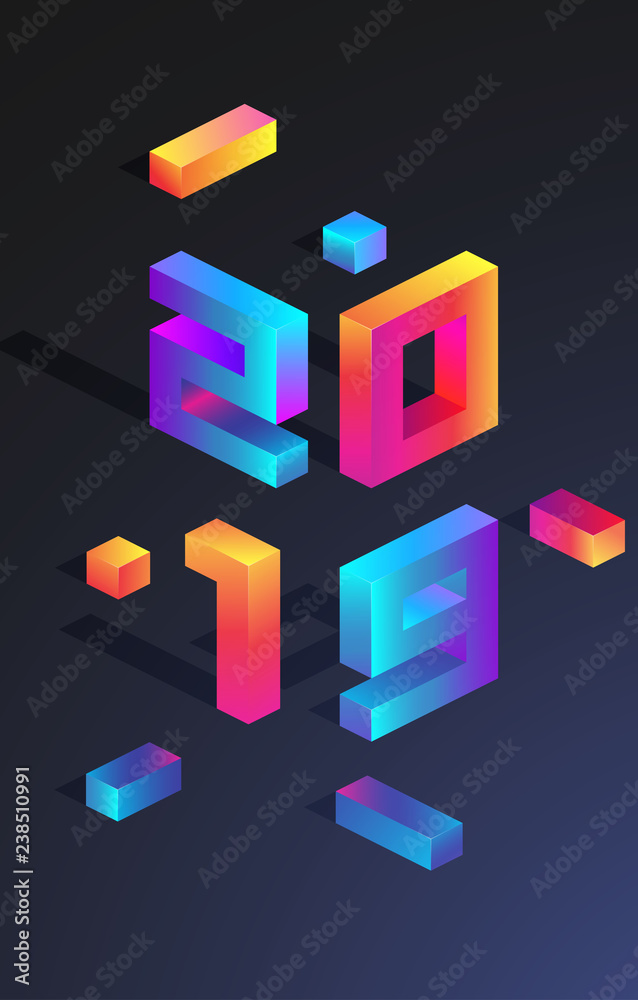 Blue 2019 New Year poster with bright neon 3d figures. Blue 2019 New Year poster with bright neon 3d figures.
