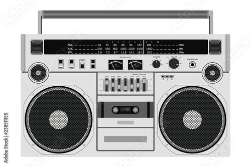 Vector old cassette recorder for pushing music with two speakers isolated on white background.