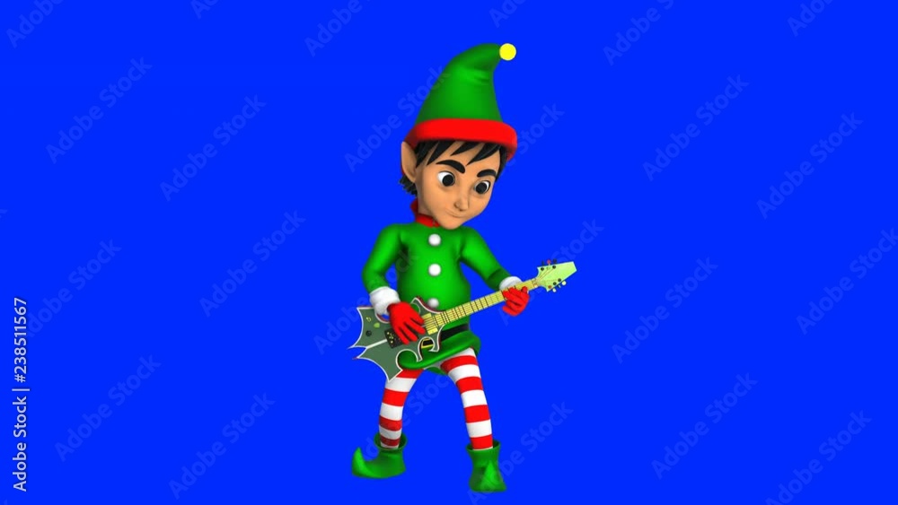 Cute elf playing rock guitar isolated on blue screen. Seamless funny Christmas animation with chroma Cute elf playing rock guitar isolated on blue screen. Seamless funny Christmas animation with chroma