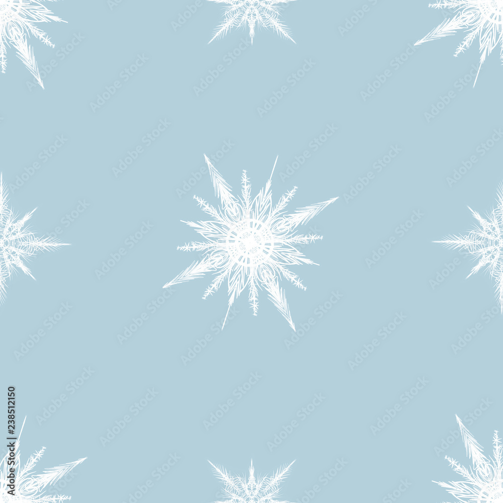 seamless pattern white snoflakes on the flat blue background