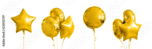 Foto holidays and birthday party decoration concept - many metallic gold helium ballo