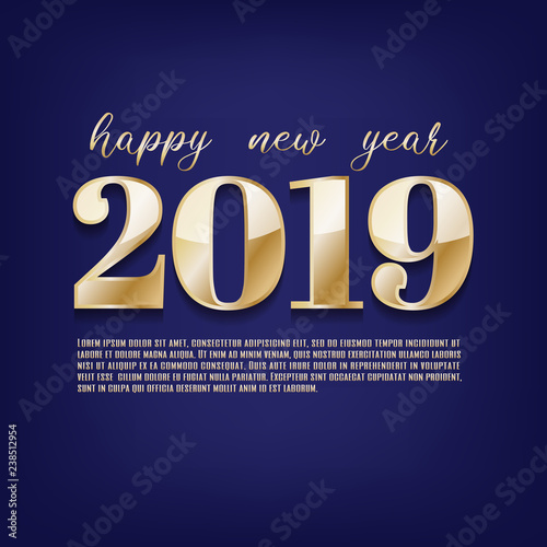 Happy New year 2019 greeting postcard gold paper text, vector illustration.