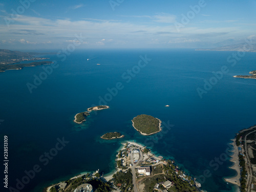 Aerial view of Ksamil, city and islands in south Albania (Albanian Riviera)