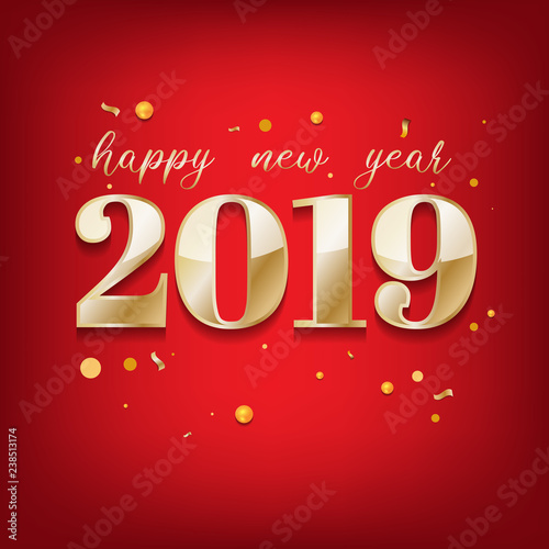 Happy New year 2019 greeting postcard gold paper text, vector illustration.