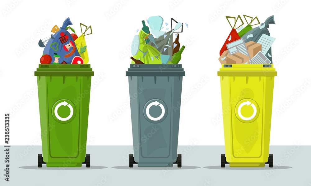 Garbage cans isolated on white background. Ecology and recycle concept. Sorting garbage. Tank with debris and trash bags. Garbage recycling, trash cans, ecology icons. Flat design ilustration. Garbage cans isolated on white background. Ecology and recycle concept. Sorting garbage. Tank with debris and trash bags. Garbage recycling, trash cans, ecology icons. Flat design ilustration.