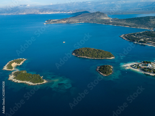 Aerial view of Ksamil with islands and sea taken in winter (Albania, Albanian Riviera)