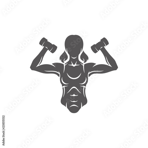 Female bodybuilder lifting dumbbells silhouette isolated on white background vector illustration.