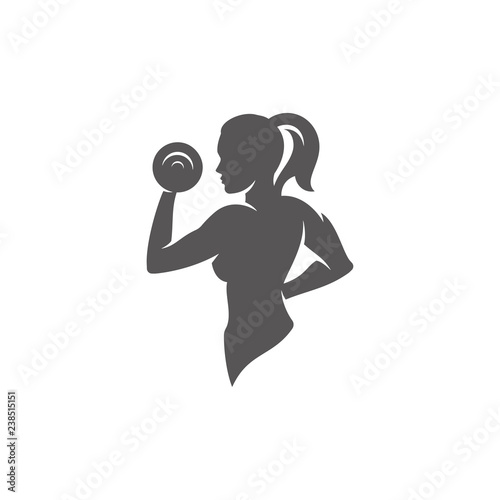 Female bodybuilder lifting dumbbells silhouette isolated on white background vector illustration.