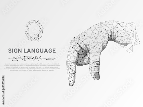 Origami Sign language Q letter, Pointing, targeting, showing 3d low poly model of human hand Neon Polygonal space low poly. People silent communication. Connection wireframe Vector on white background