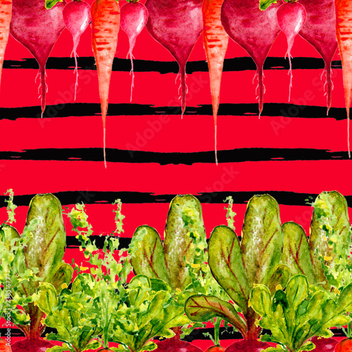 Watercolor Vegan Pattern. Seamless Hand Drawn  Vegetables. Healthy Food Print. Gardening Background. Greenery Repeatable Design for Menu, Restaurant, Salat Bar, Farmers Market. Redish, carrot, beet.