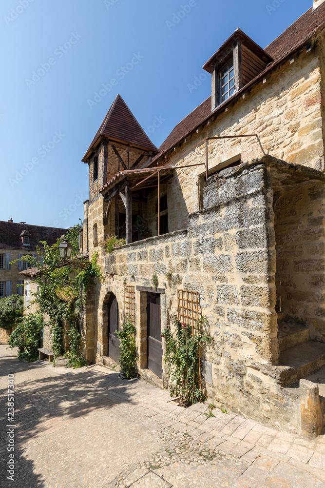 Historic houses along Montagne street in  Sarlat la Caneda in Dordogne Department, Aquitaine, France