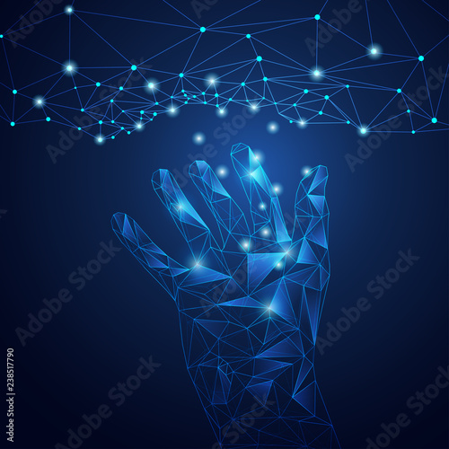 concept of cloud technology, polygon hand reaching futuristic connected line
