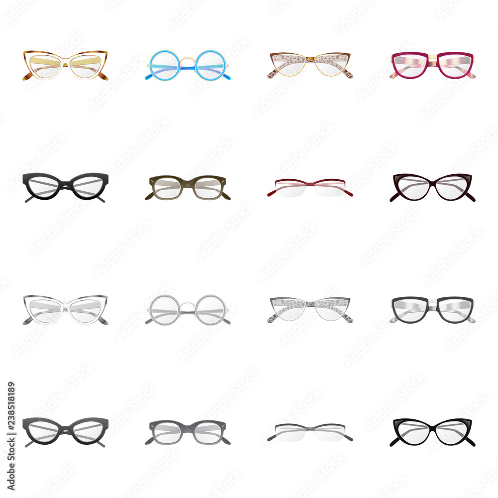Vector illustration of glasses and frame logo. Set of glasses and accessory vector icon for stock. Vector illustration of glasses and frame logo. Set of glasses and accessory vector icon for stock.