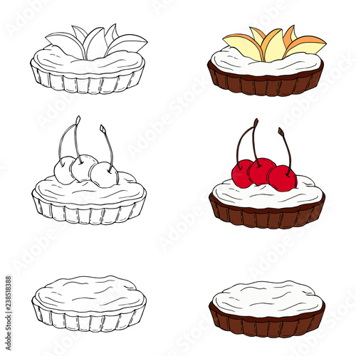 Set of sweet tartlets with different toppings in two styles. Perfect for menu, card, textile, food packaging design.